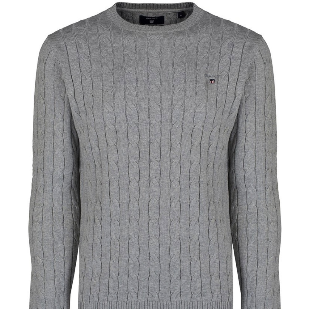 GANT Men’s 2XL Cable Knit Cotton Sweater NWT Grey Melange Crew Neck Jumper